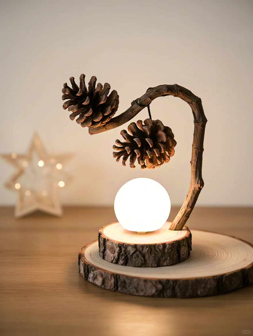 用树枝松果制作自然感小台灯