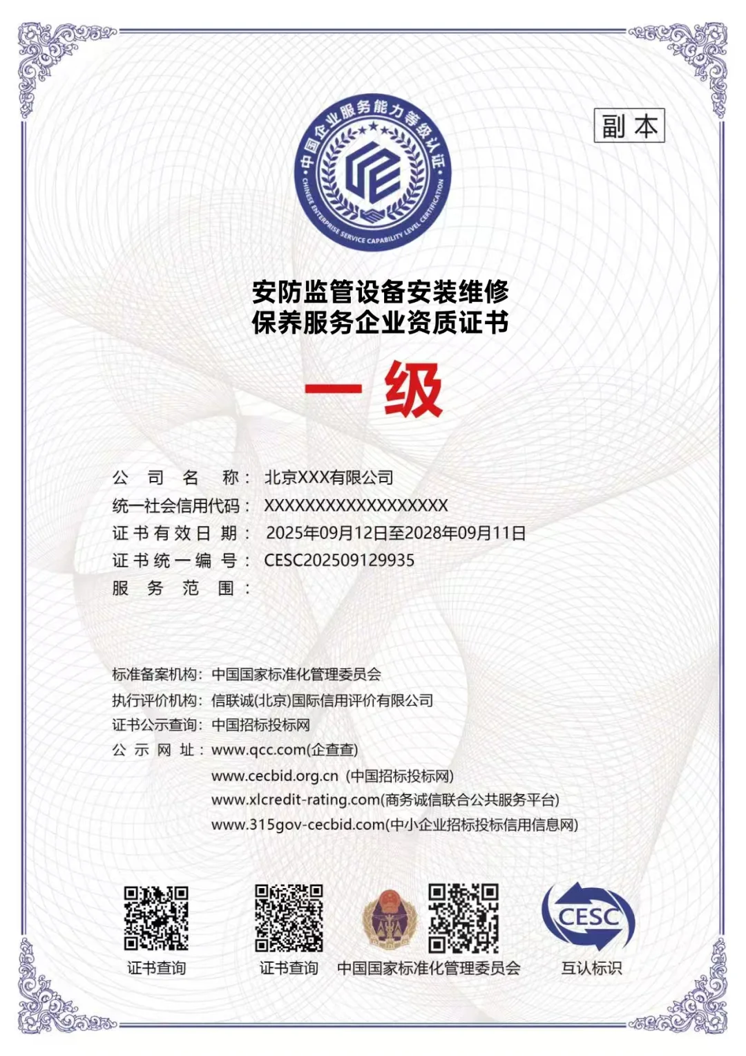 安防监控设备安装维修保养服务企业一级证书