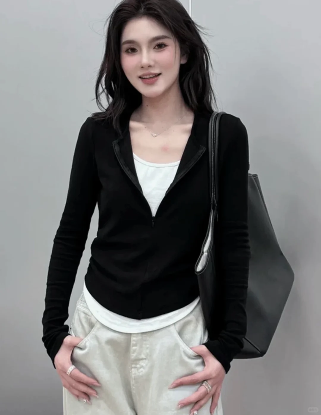 半隐形拉链假两件打底衫