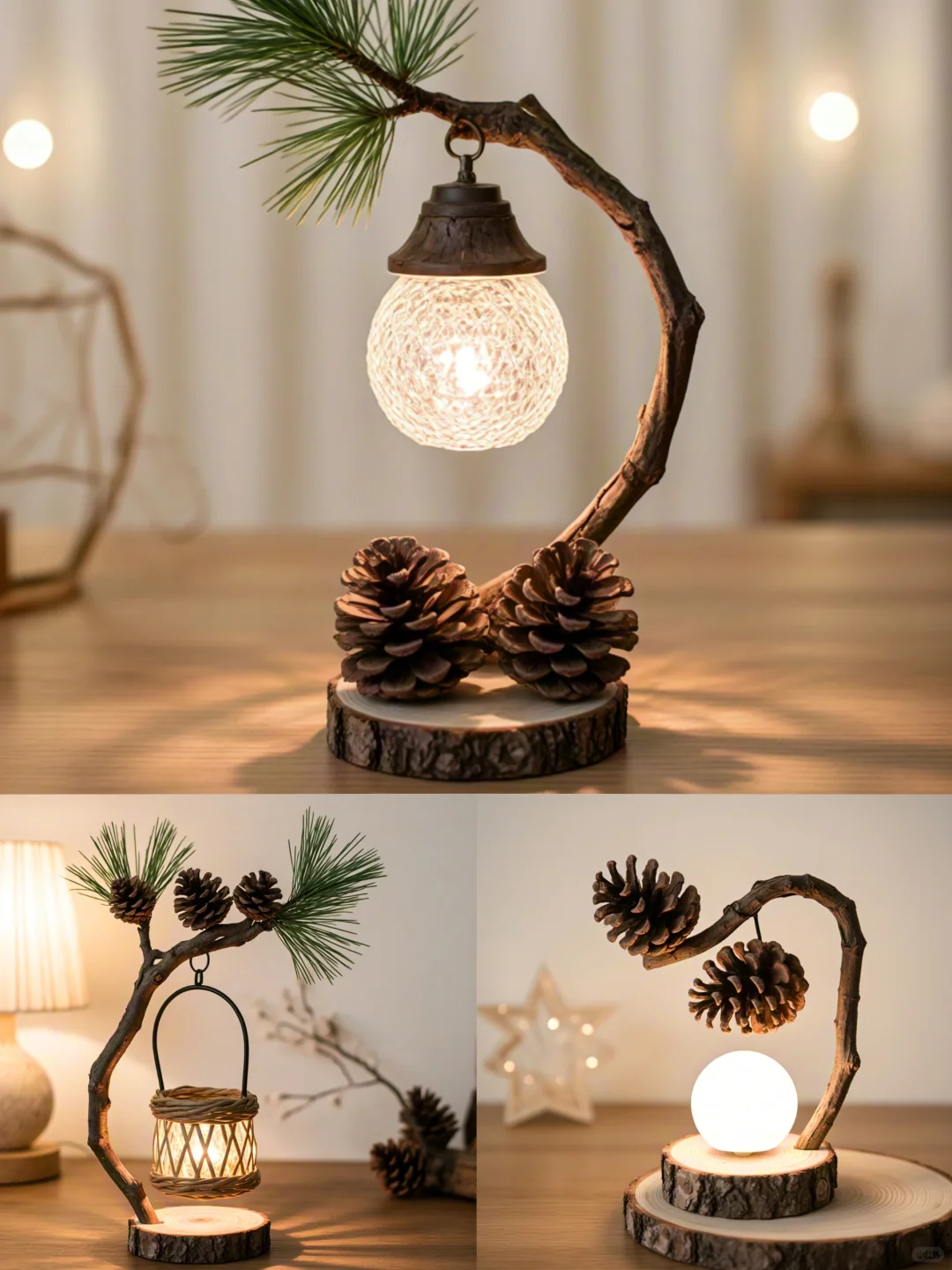 用树枝松果制作自然感小台灯