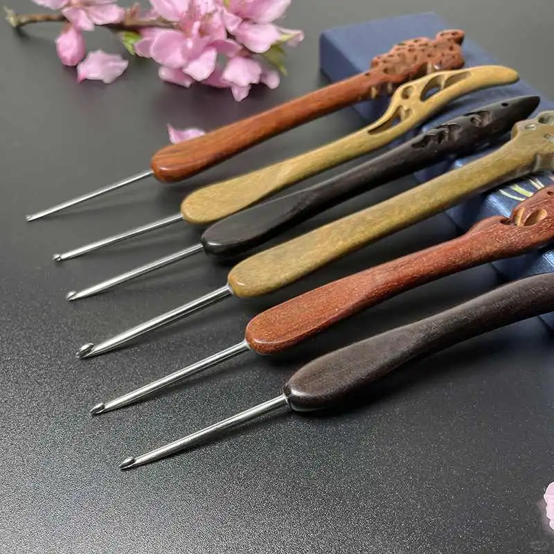 檀木柄不锈钢钩针手工diy勾针工具套装编