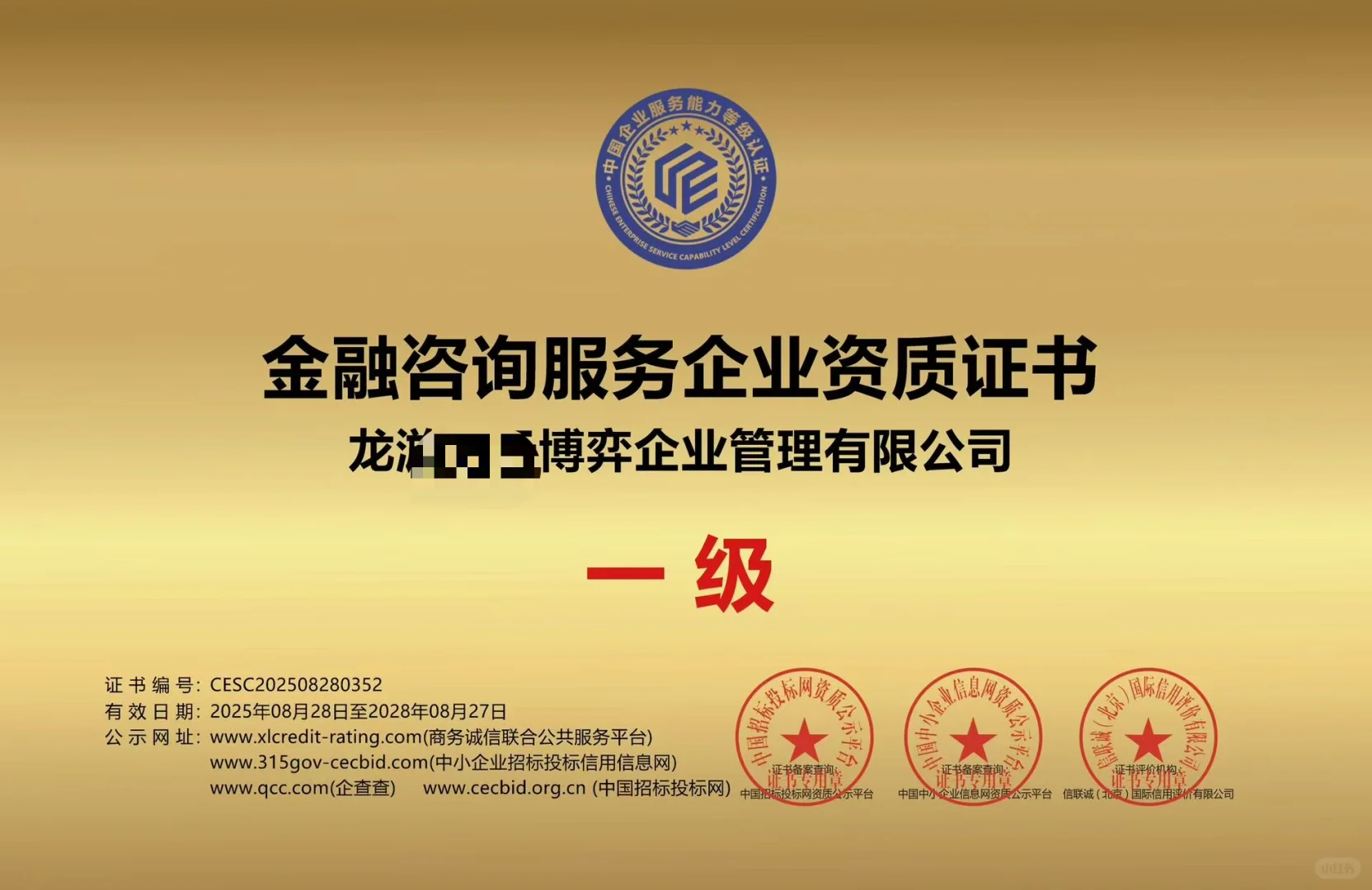 金融咨询服务企业一级证书