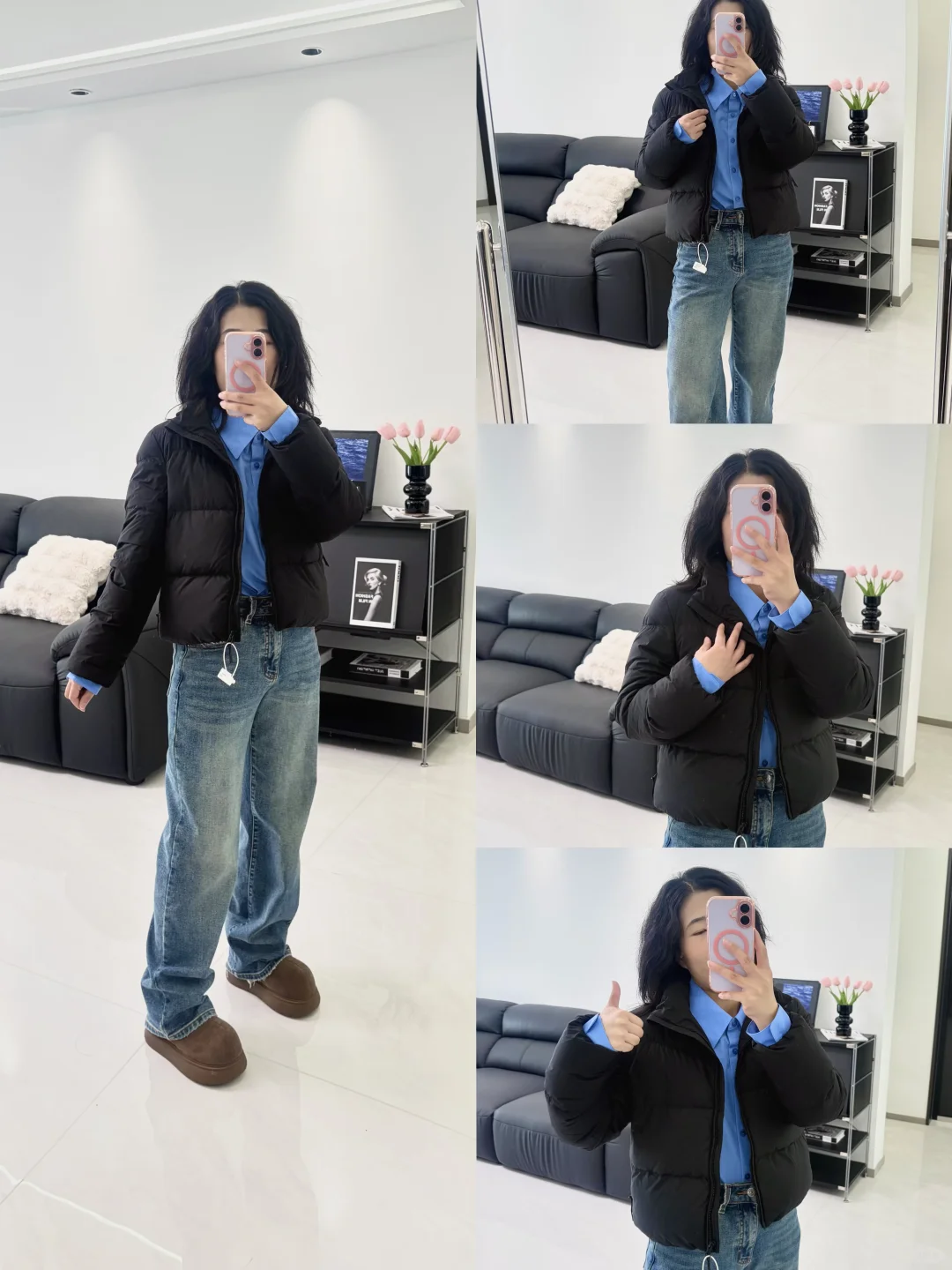 155/100黑色短款羽绒服的一衣多穿