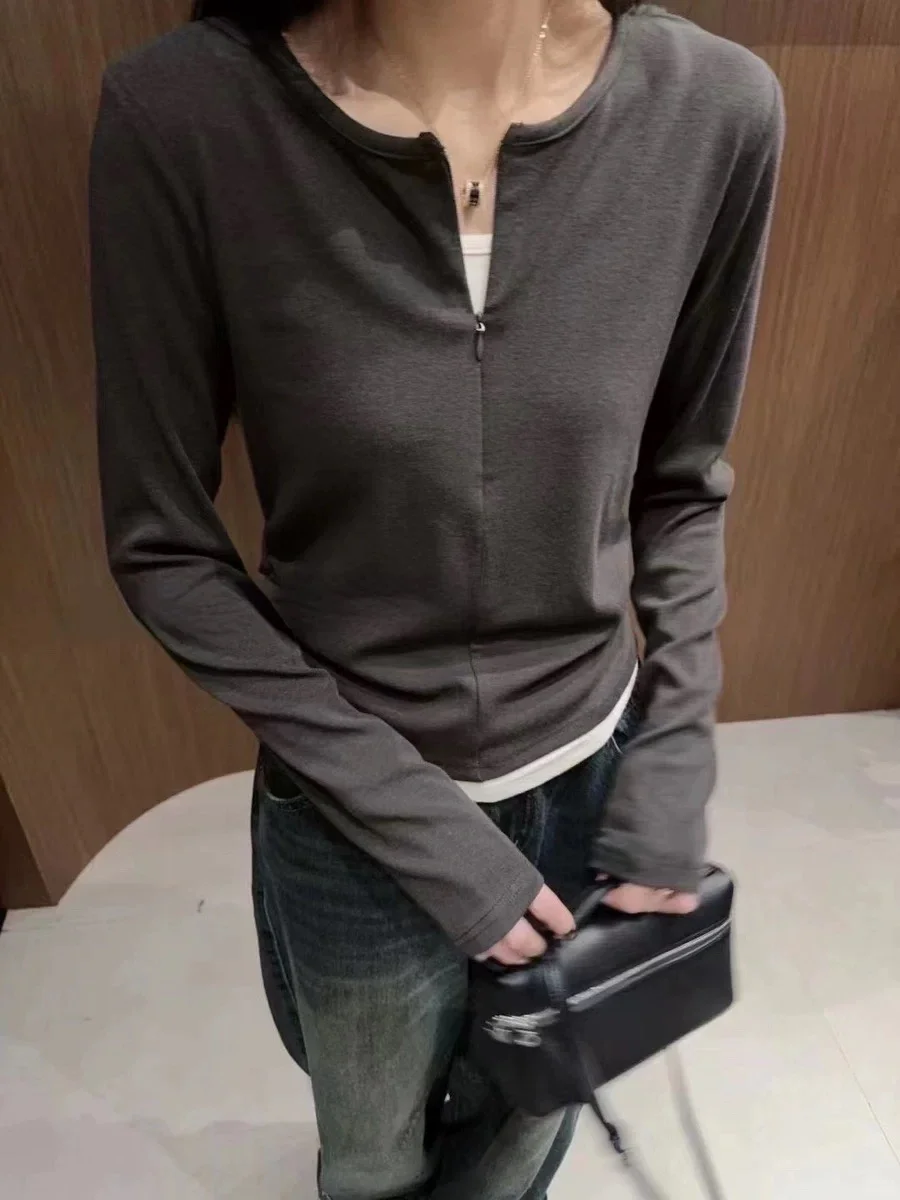 半隐形拉链假两件打底衫