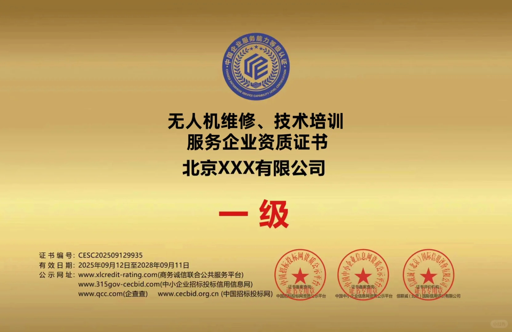 无人机维修技术培训服务企业一级证书