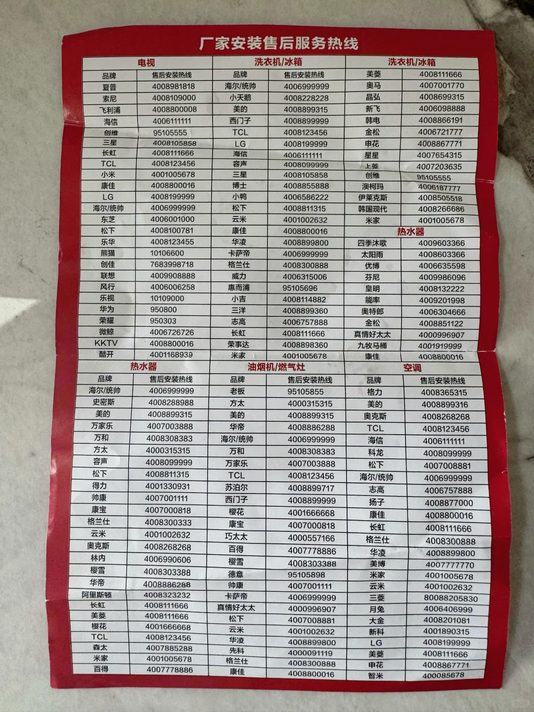 留着备用｜全国各品牌的安装／售后服务电话