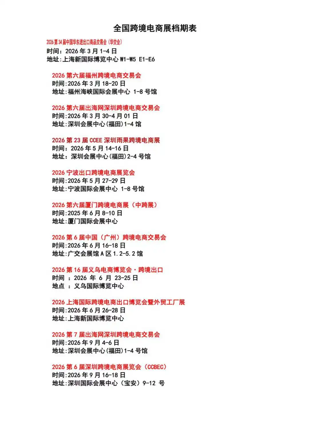 2026全国跨境电商展展会排期表
