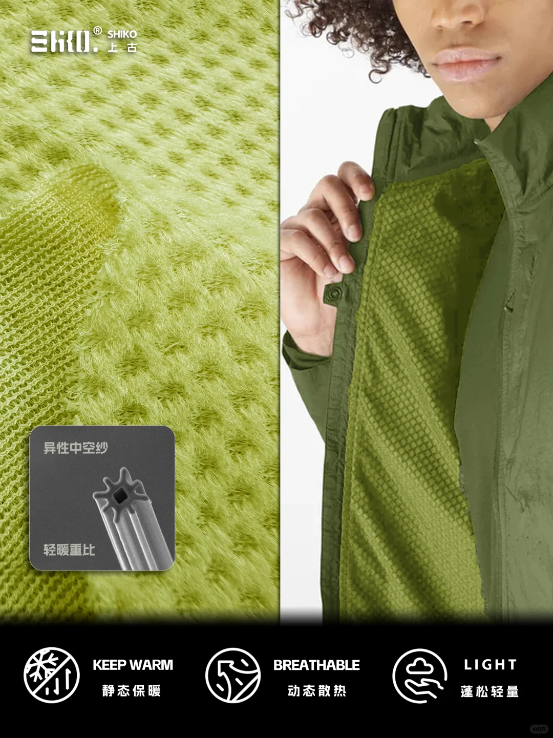 轻户外徒步动态呼吸保暖菱形网眼绒内里面料