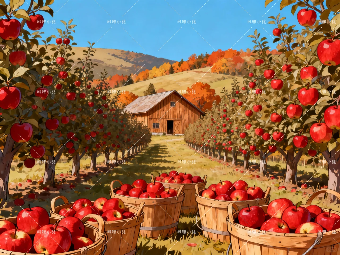 田园风光插画，丰收的果园子