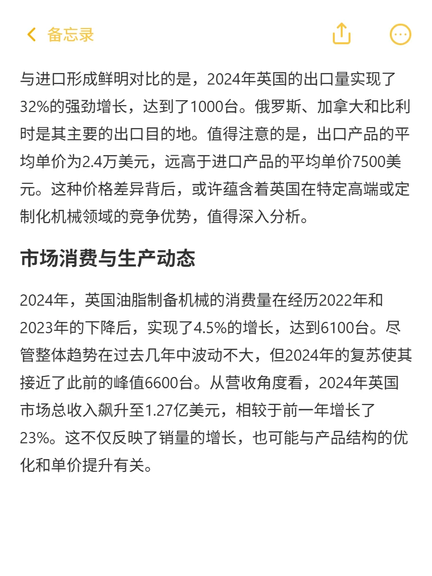 英国油脂机械：进口跌42%！出口价翻3倍