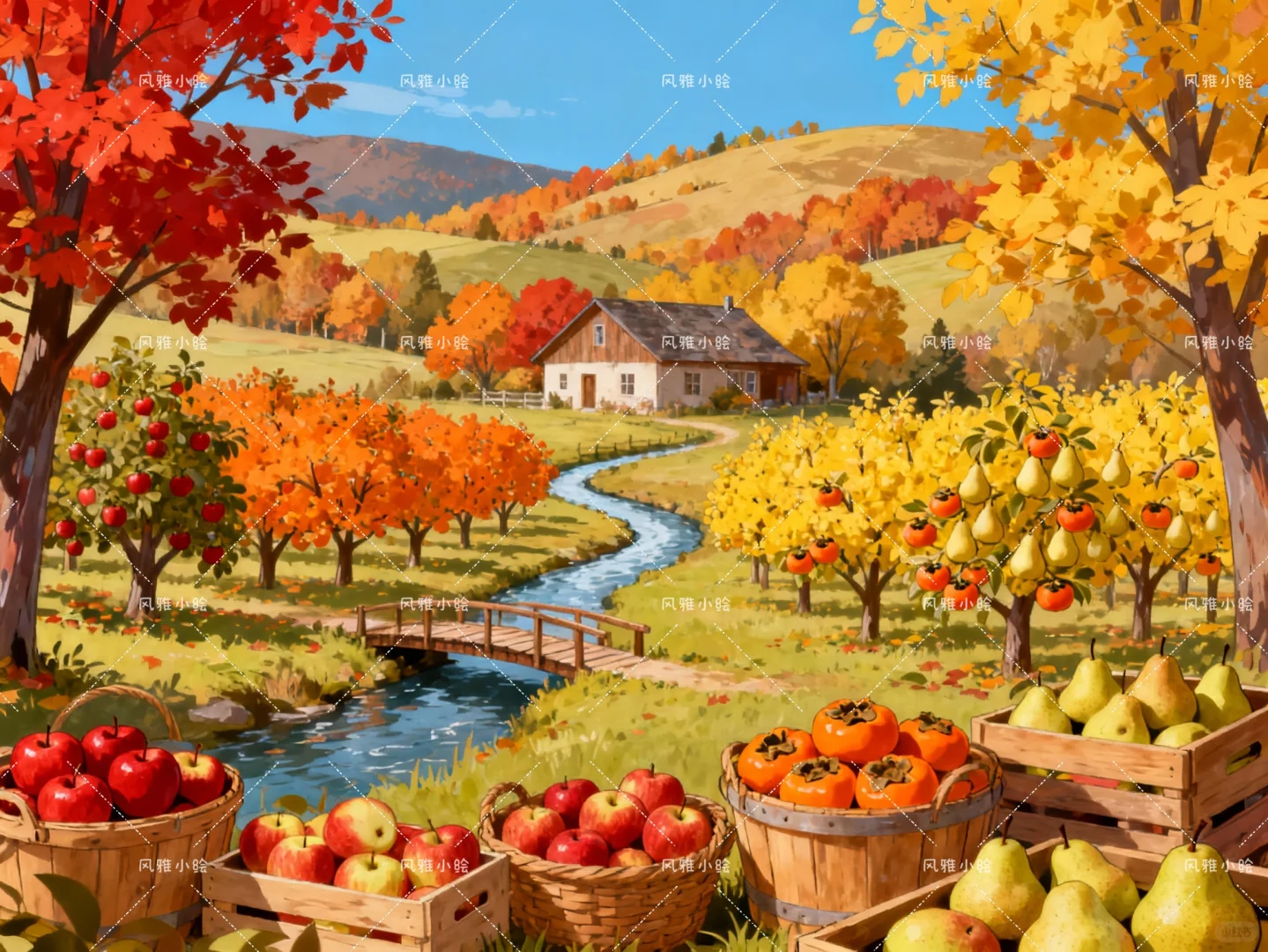 田园风光插画，丰收的果园子