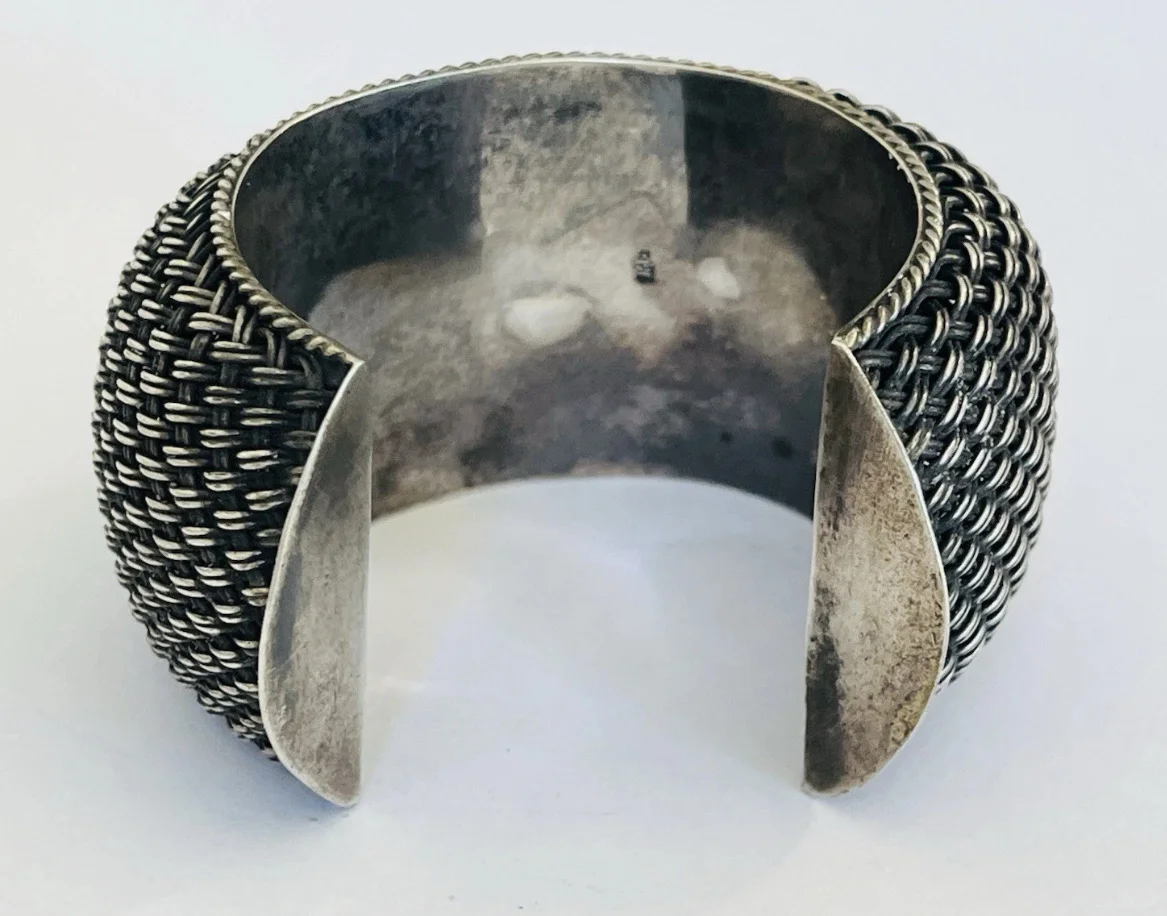 中古925银立体编织工艺宽手镯开口镯
