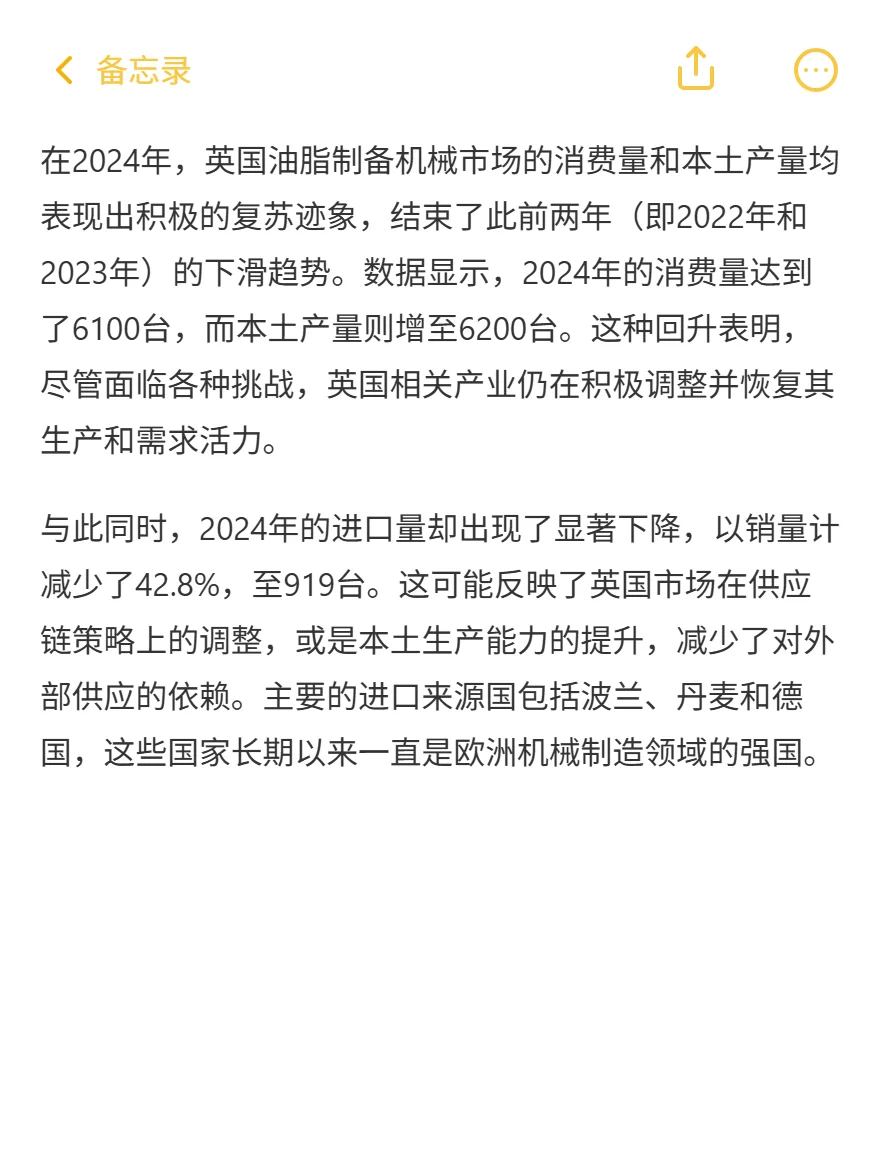 英国油脂机械：进口跌42%！出口价翻3倍