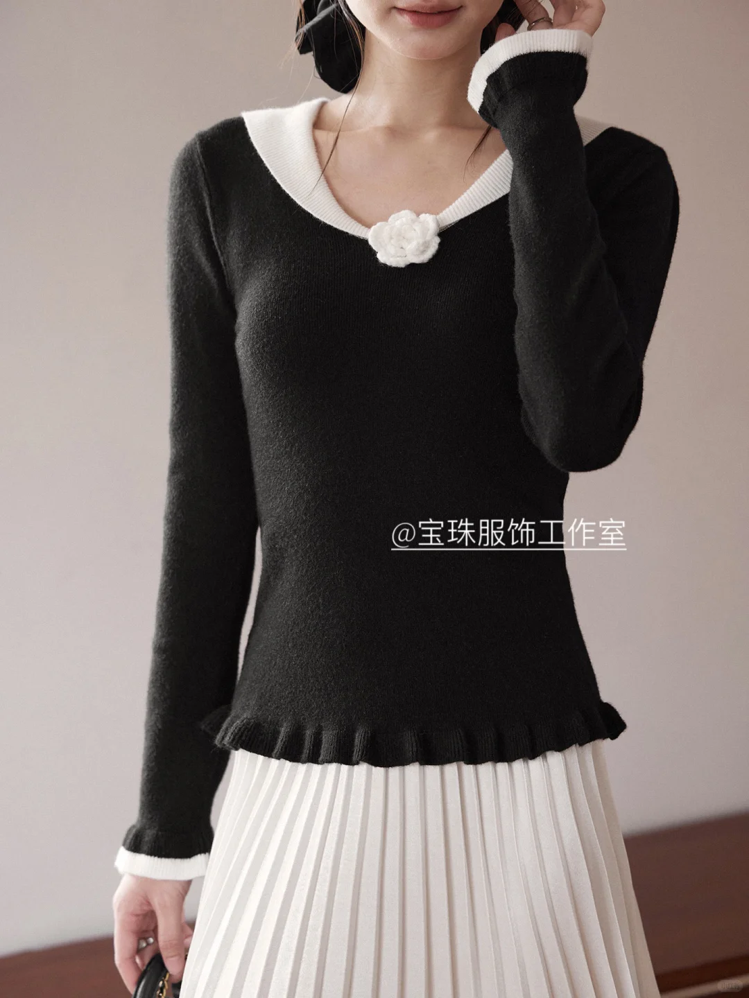 立体花朵修身针织衫秋季木耳边上衣