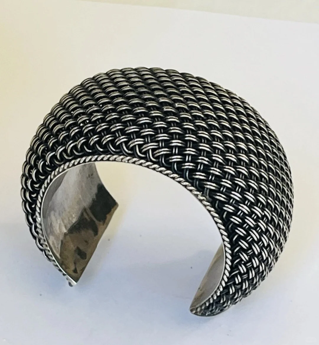 中古925银立体编织工艺宽手镯开口镯