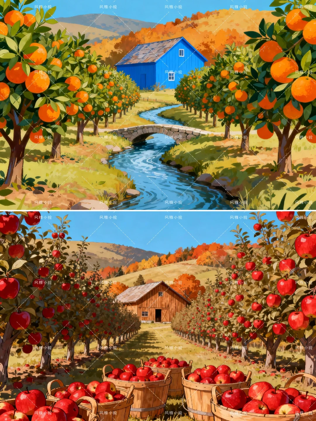 田园风光插画，丰收的果园子