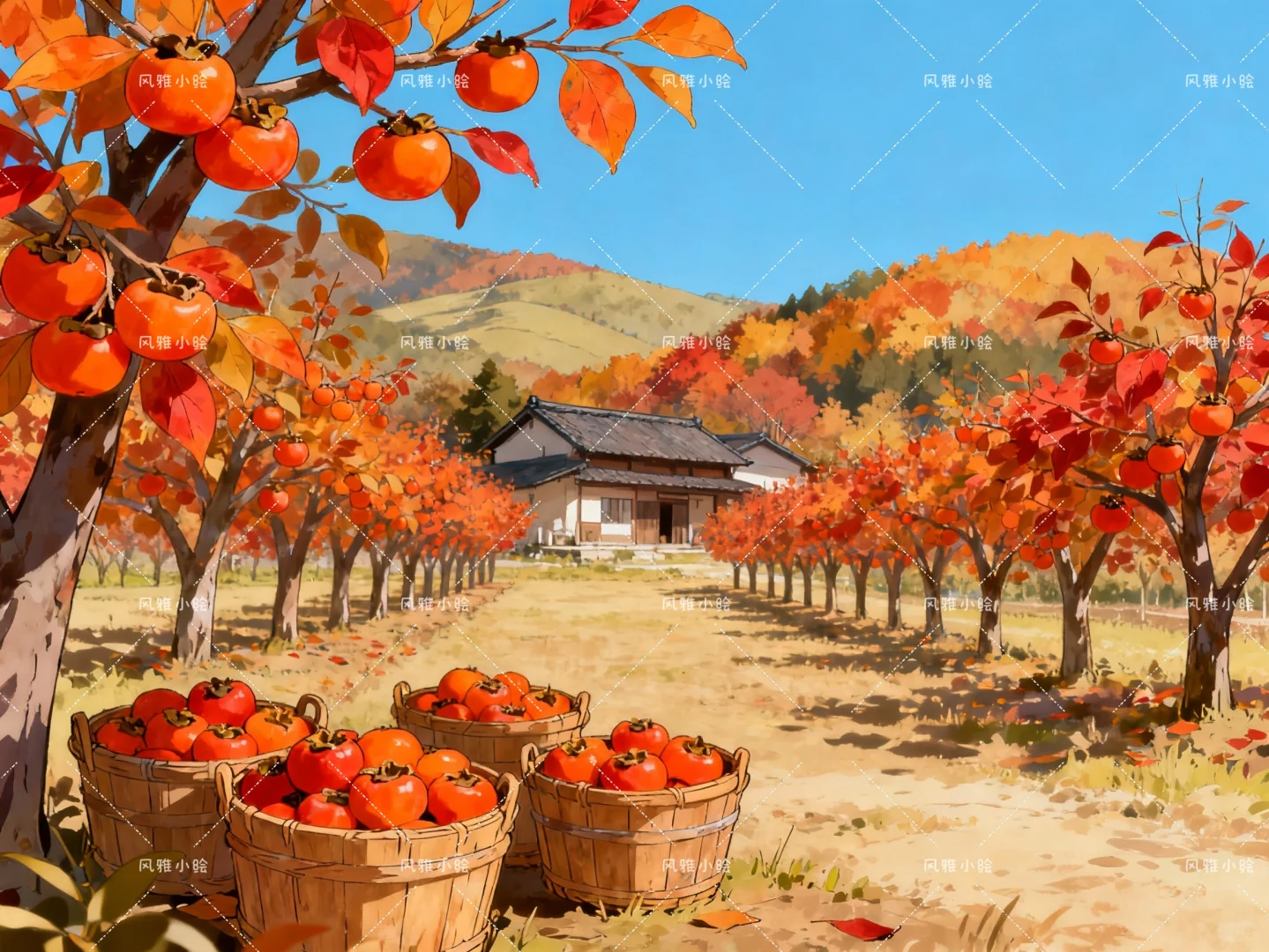 田园风光插画，丰收的果园子