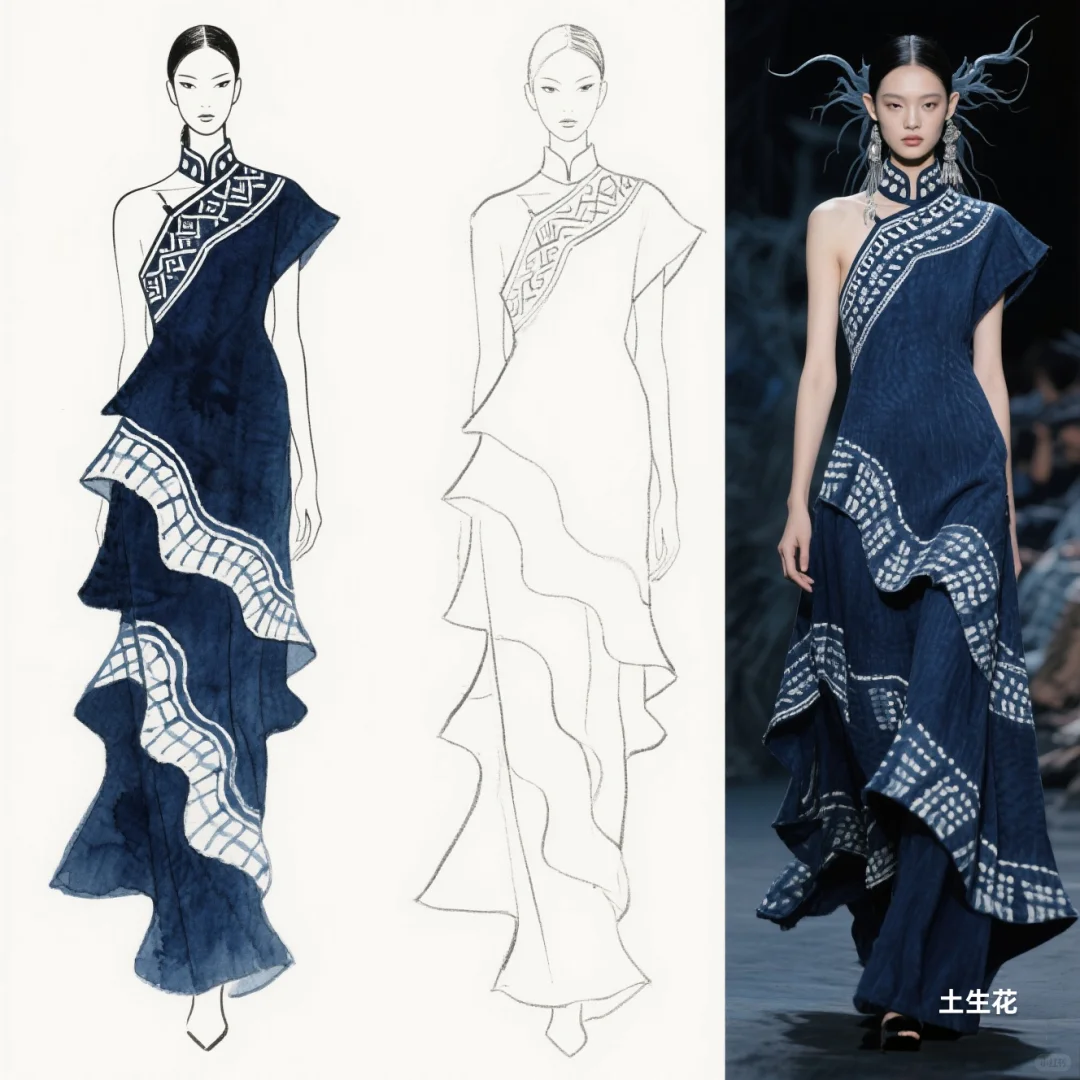 蓝白交响：苗族蜡染与不规则剪裁共舞，精灵