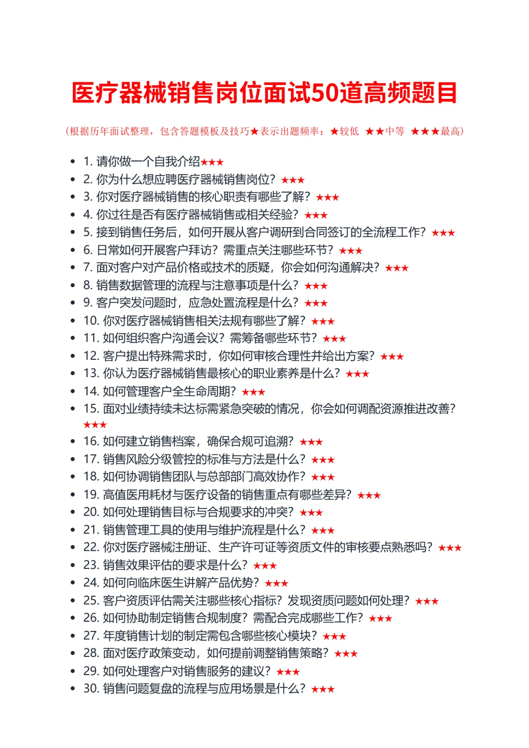 医疗器械销售必背！据回忆高频50题面试稳过