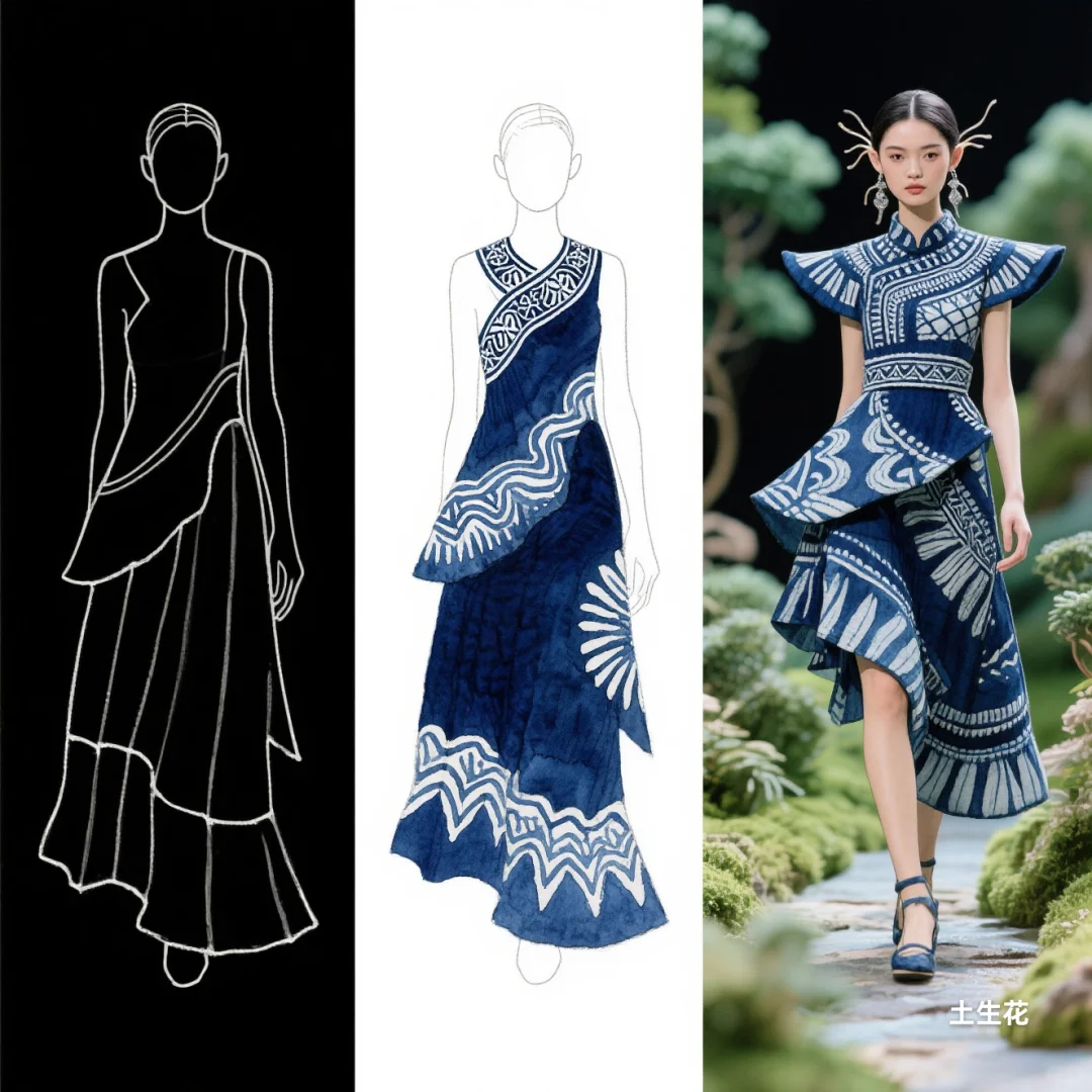 蓝白交响：苗族蜡染与不规则剪裁共舞，精灵