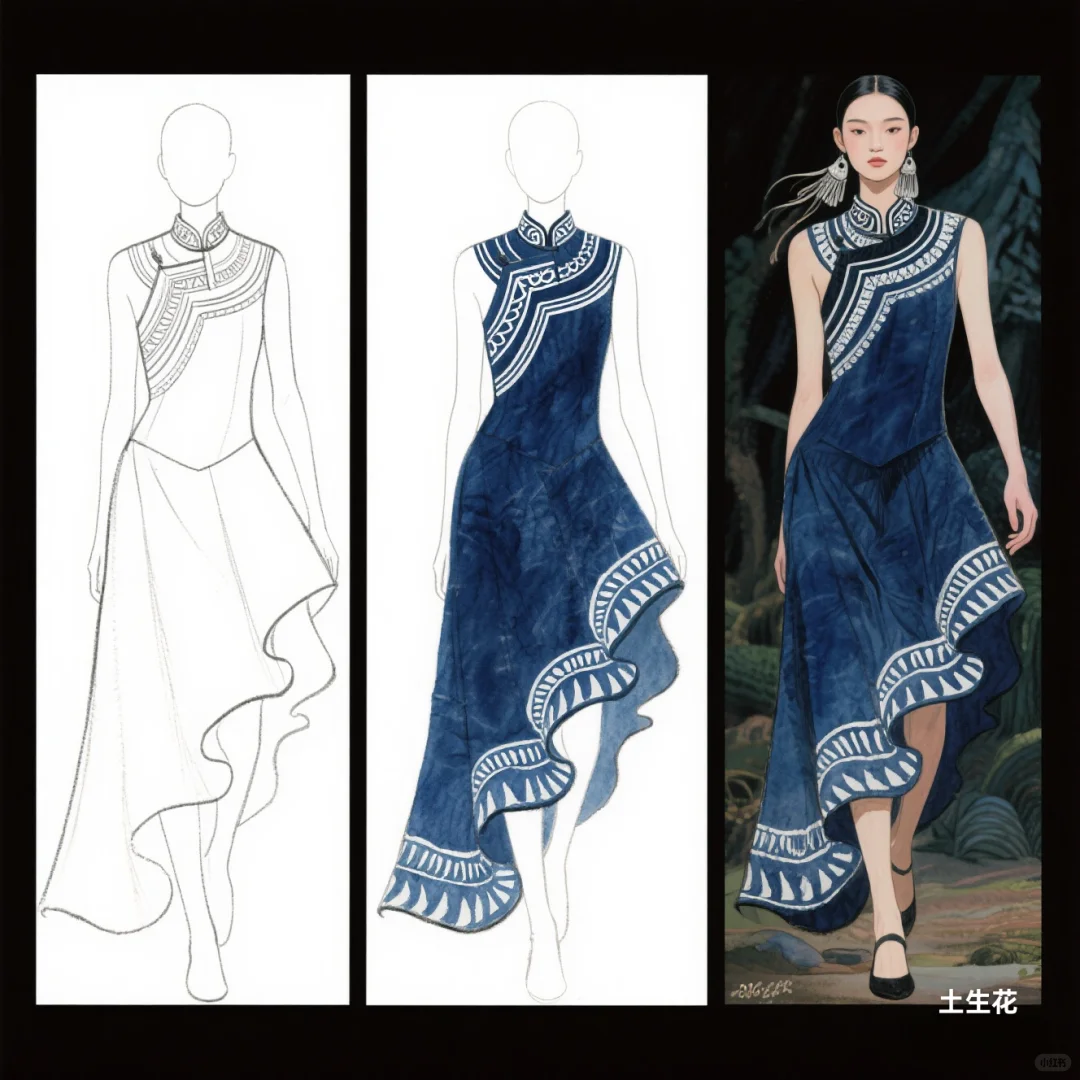 蓝白交响：苗族蜡染与不规则剪裁共舞，精灵