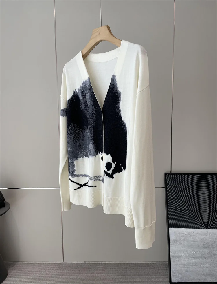 惟1!~巴素兰羊毛水墨禽鸟提花V领针织开衫