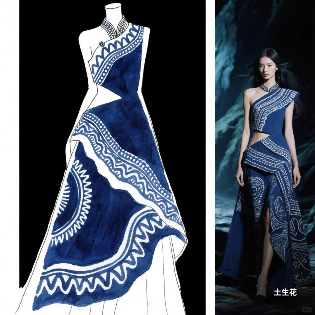 蓝白交响：苗族蜡染与不规则剪裁共舞，精灵