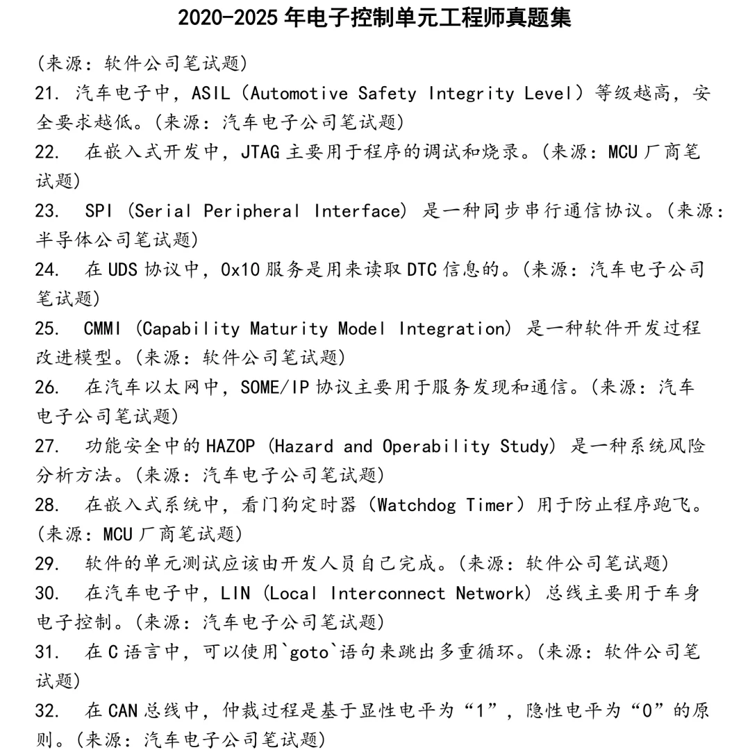 2025精选电子控制单元工程师笔试真题集合