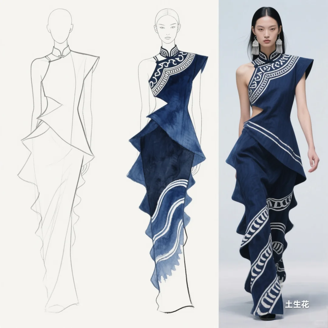 蓝白交响：苗族蜡染与不规则剪裁共舞，精灵