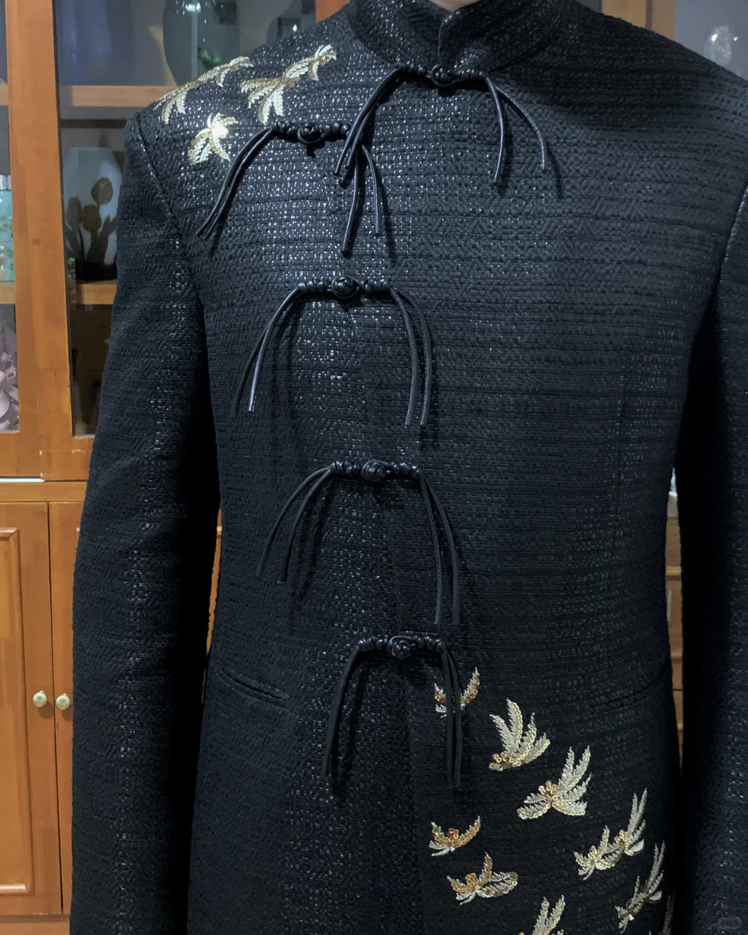 飞鸟刺绣立领长款外套