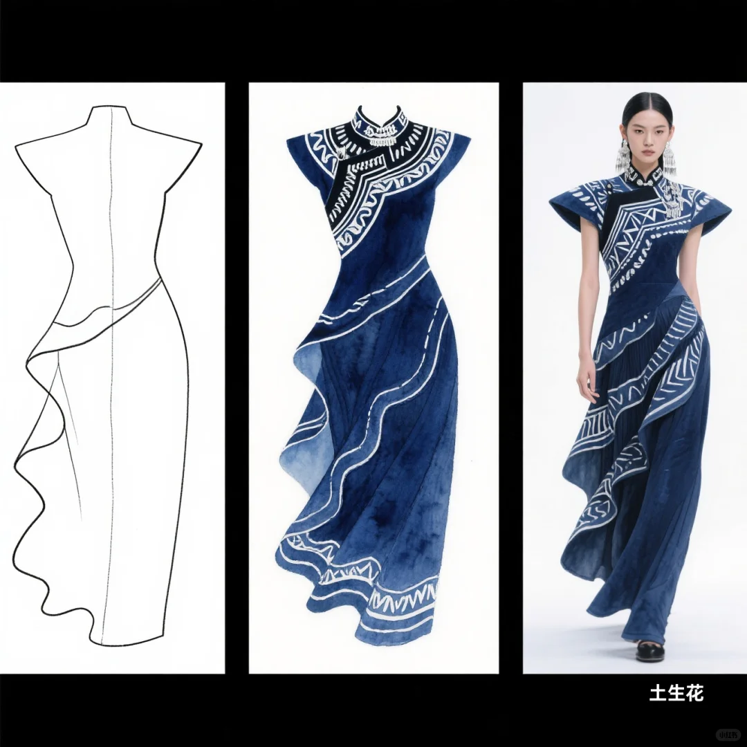 蓝白交响：苗族蜡染与不规则剪裁共舞，精灵