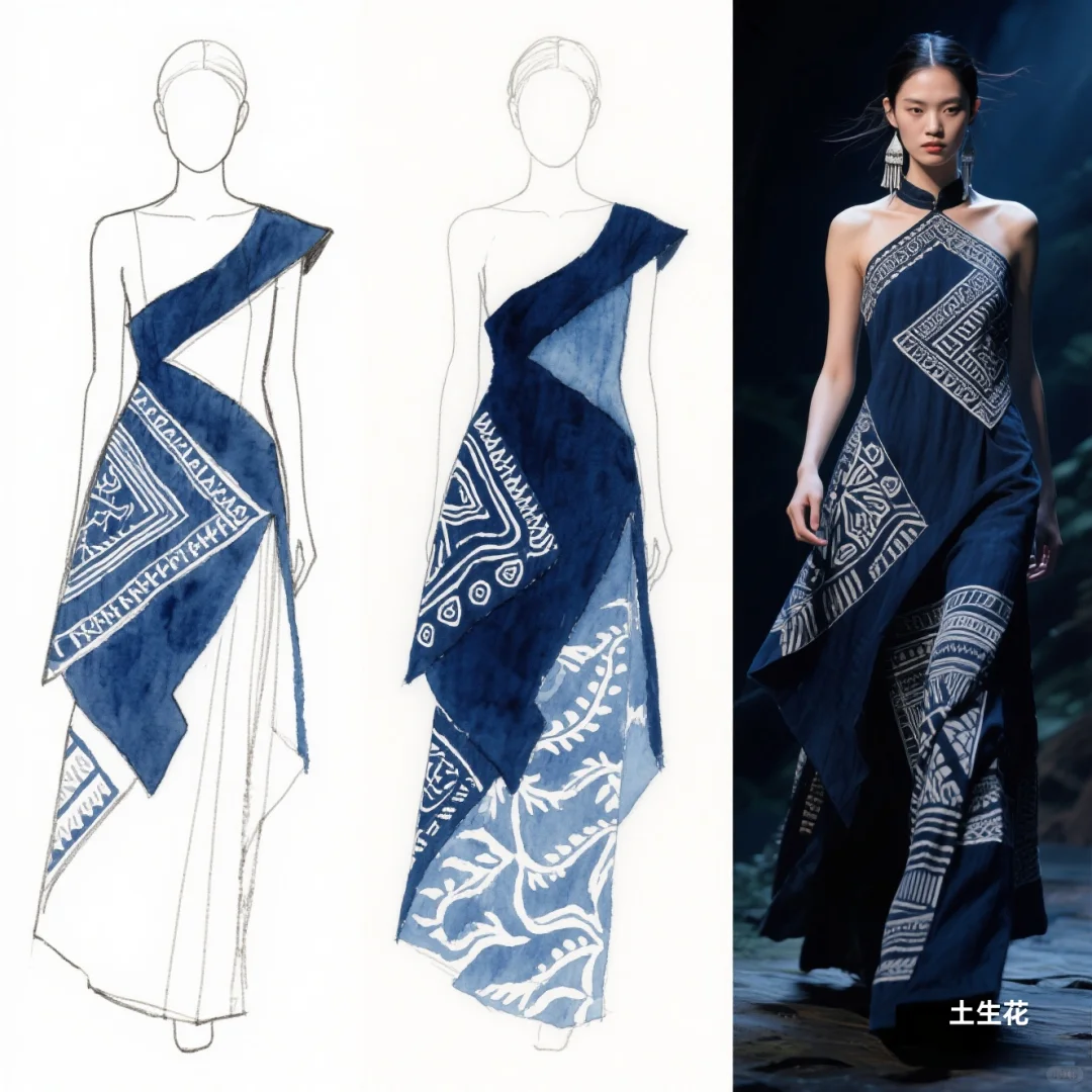 蓝白交响：苗族蜡染与不规则剪裁共舞，精灵