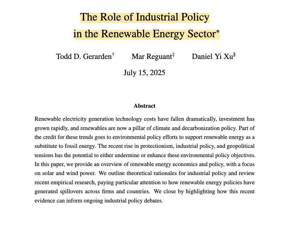 NBER|可再生能源的产业政策,前沿热点!