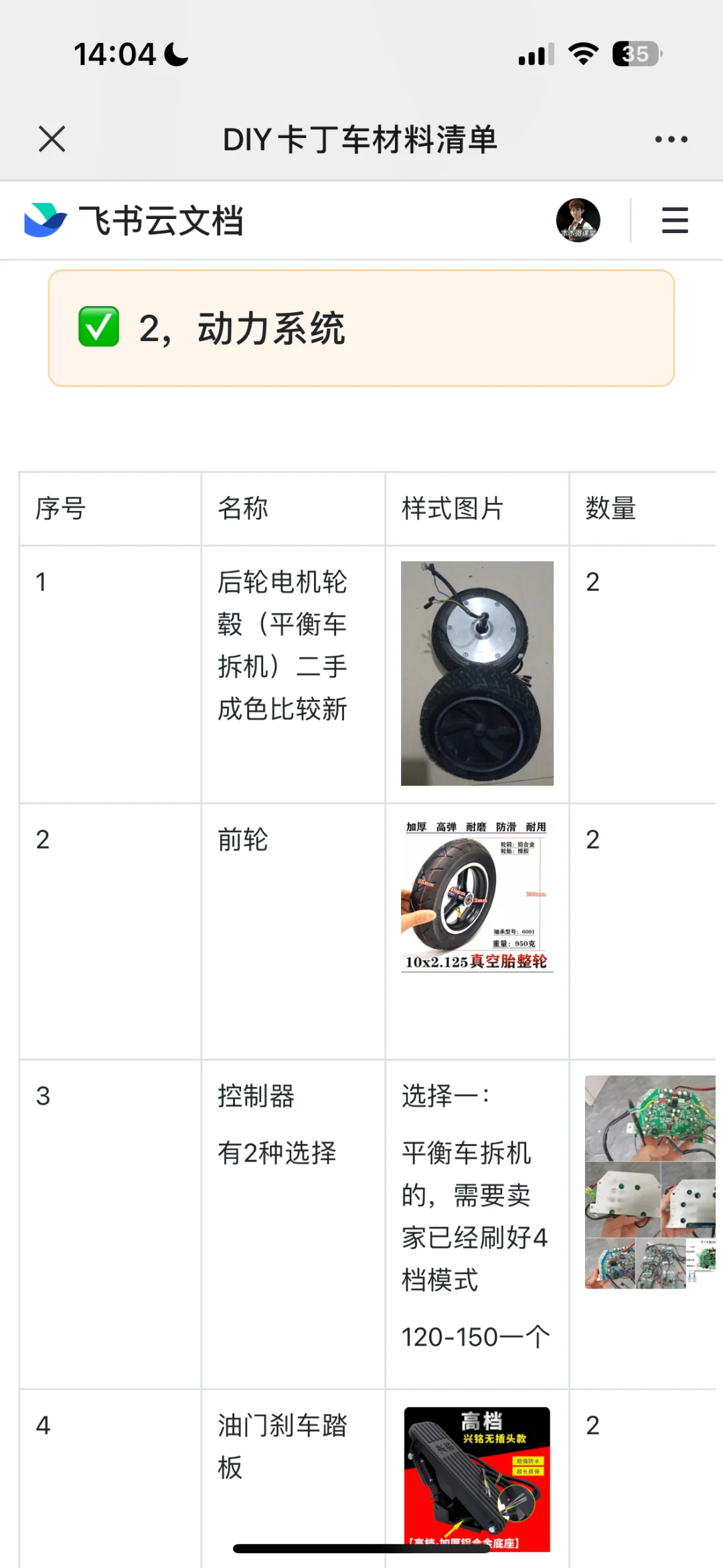 自制卡丁车，动力系统清单分享