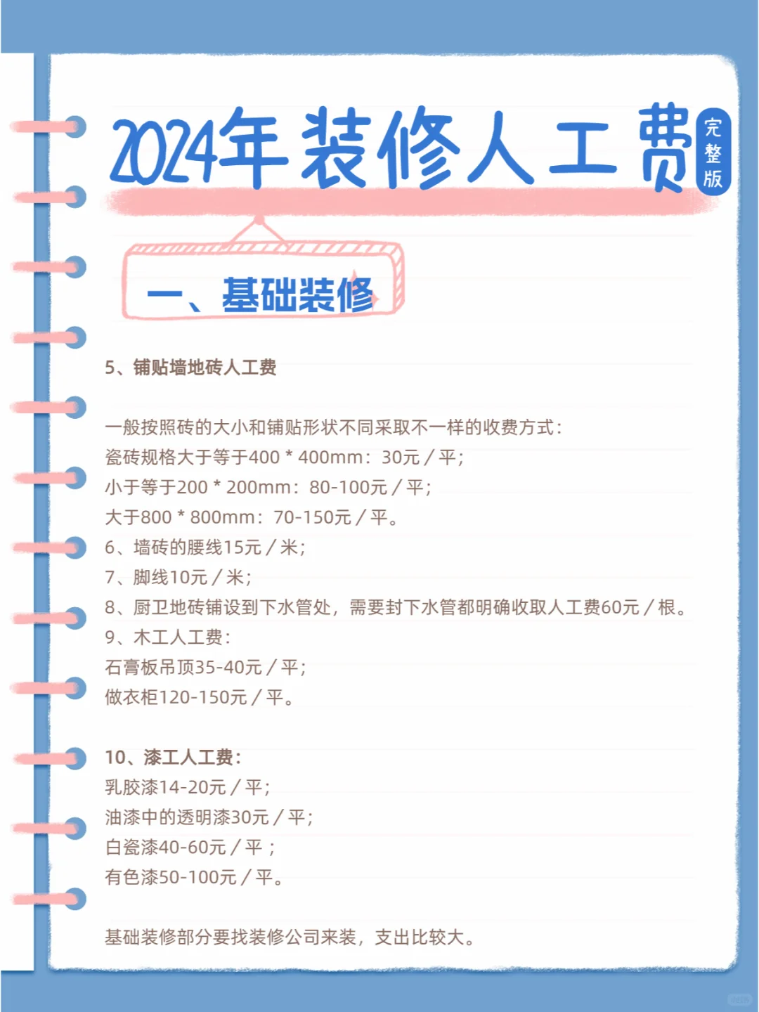 2024年装修人工费+主材+电器安装费用清单