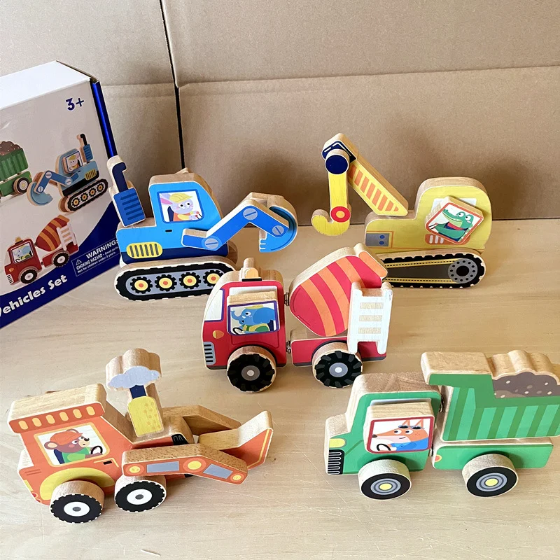 跨境木制DIY益智玩具工程车卡扣拼接百变模