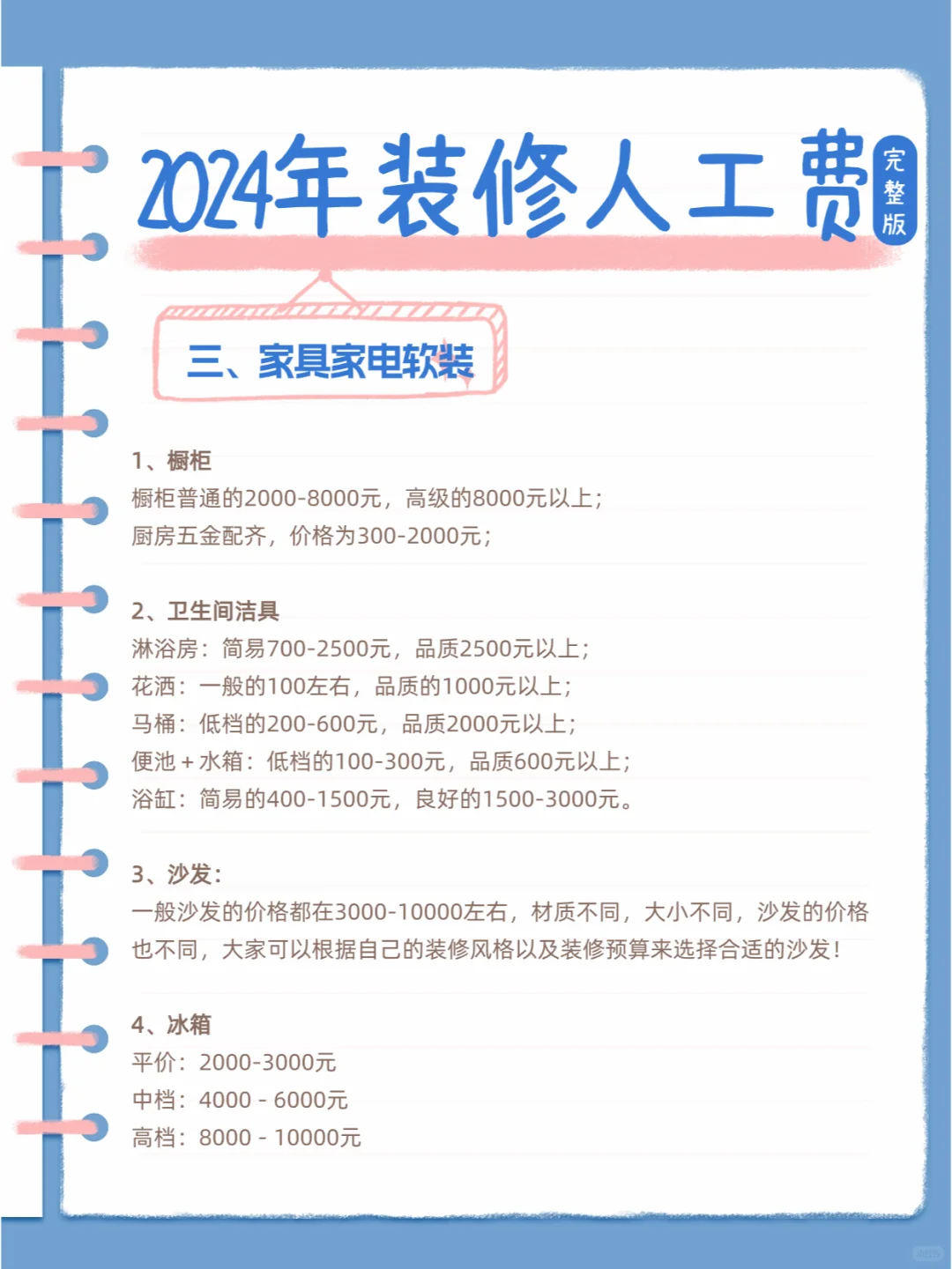 2024年装修人工费+主材+电器安装费用清单