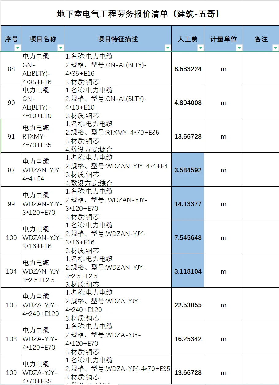 地下室电气工程劳务报价清单