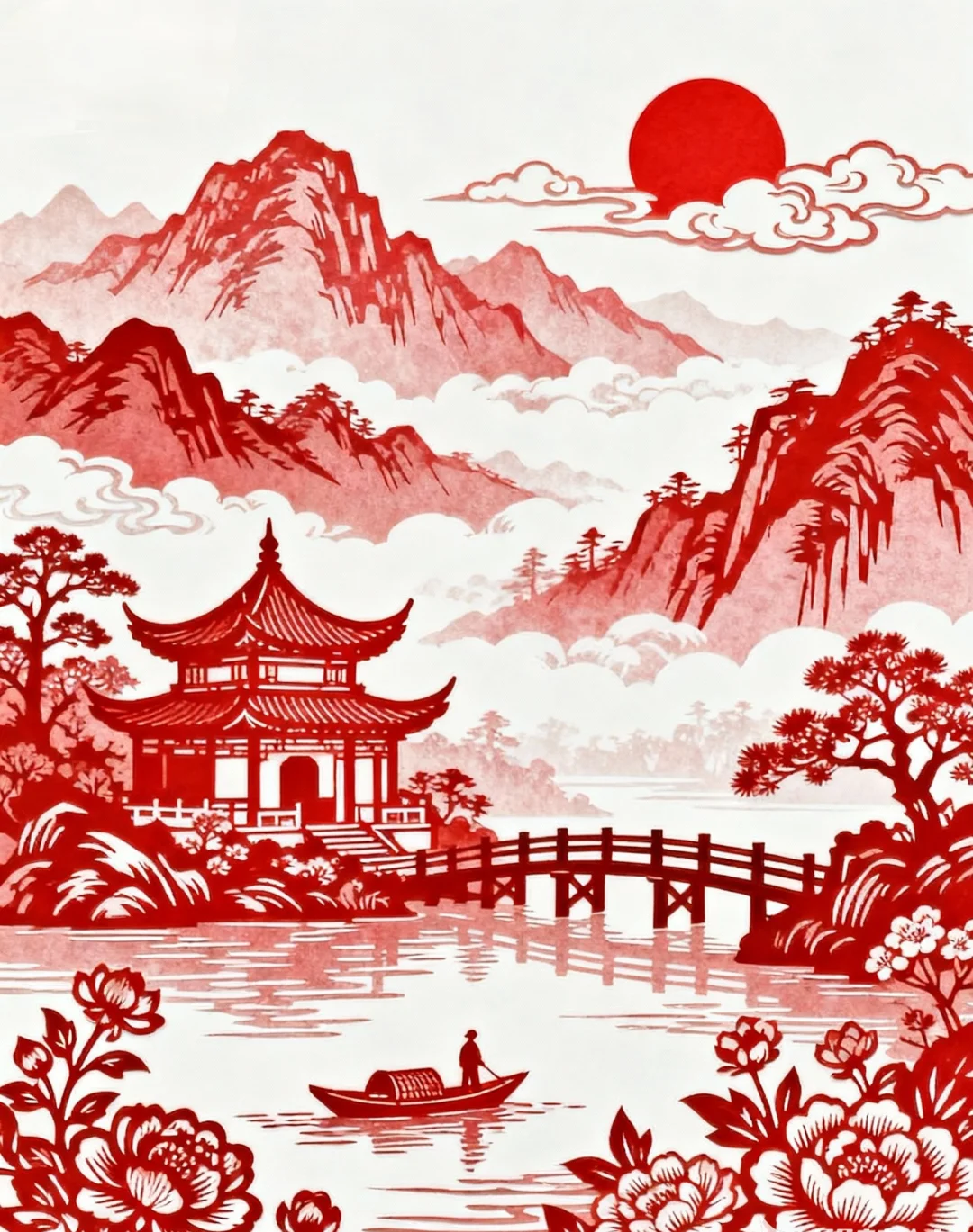剪纸，风景，山水，亭楼，非遗剪纸