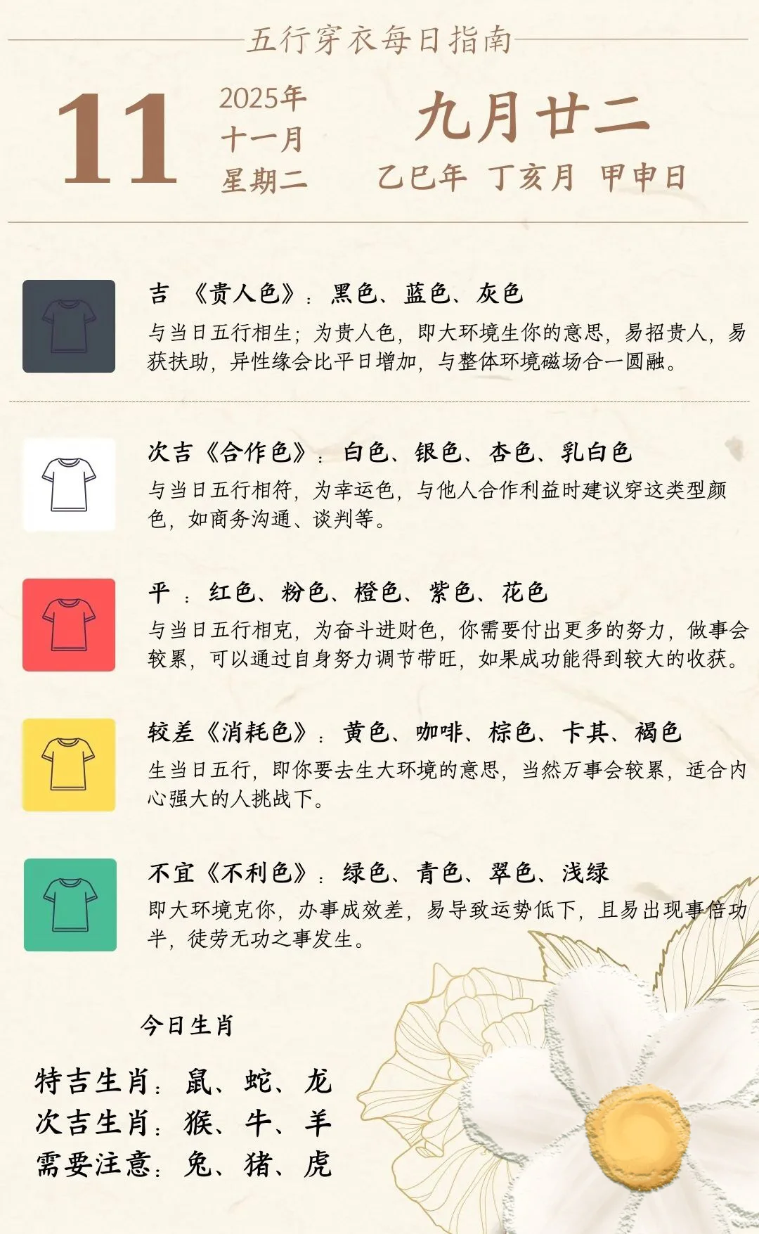 11月8日-11月14日每日五行色彩穿衣指南