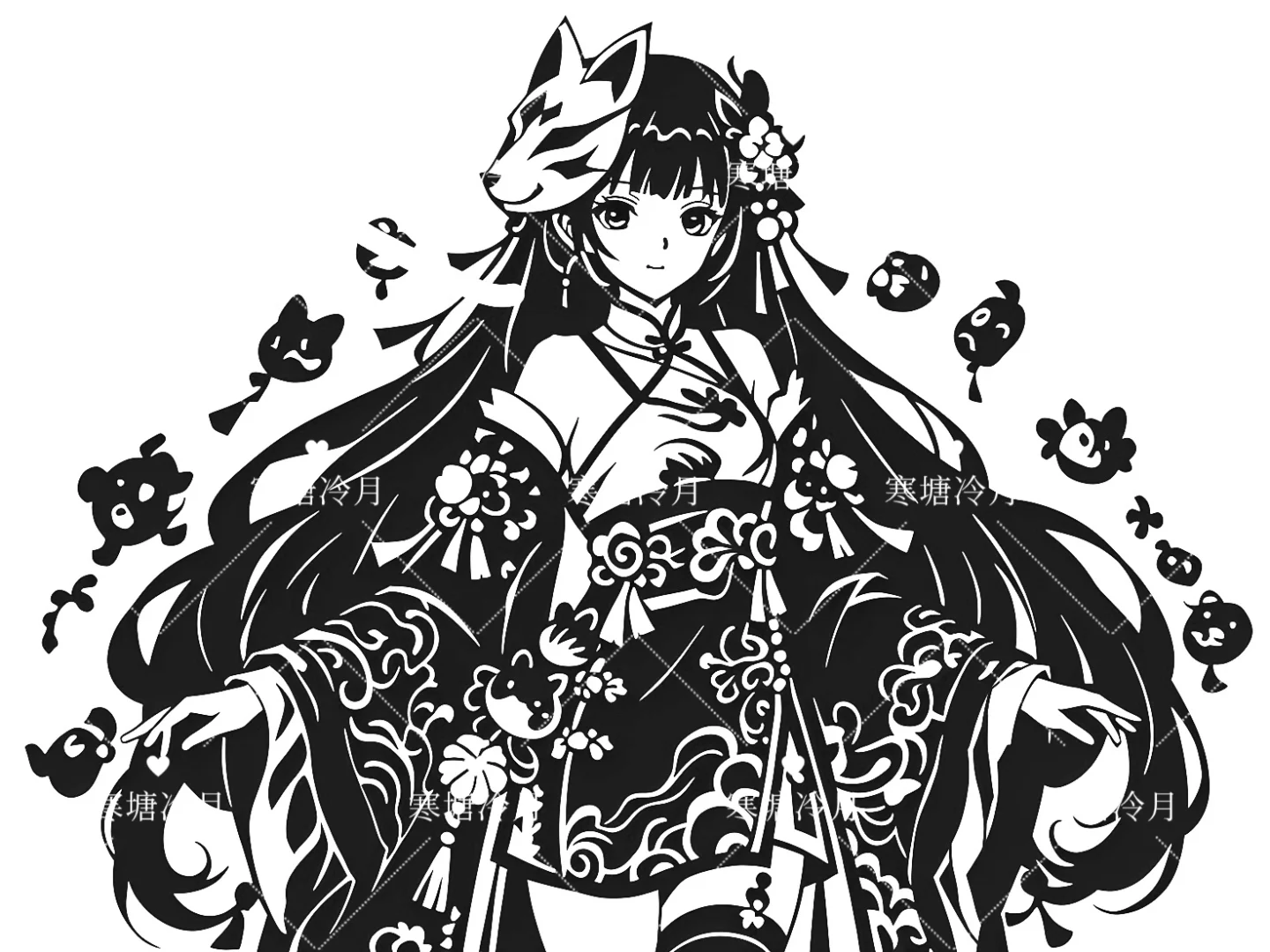 狐面少女11剪纸刻纸底稿分享