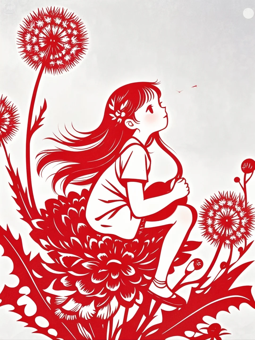 No.0211 小女孩与蒲公英剪纸