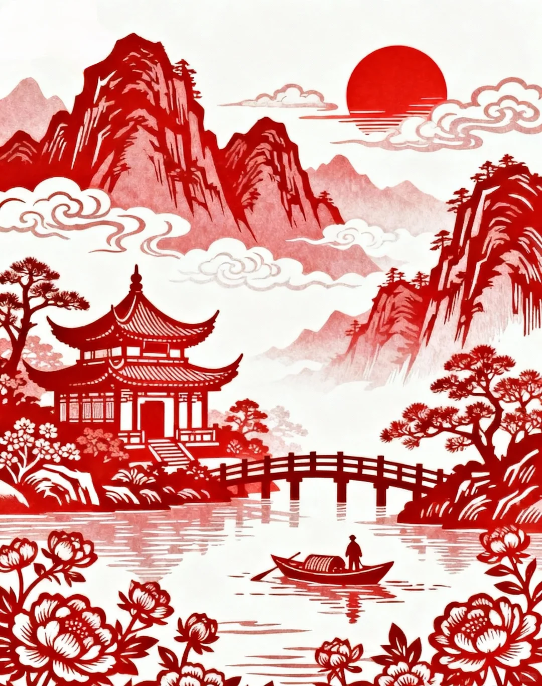 剪纸，风景，山水，亭楼，非遗剪纸