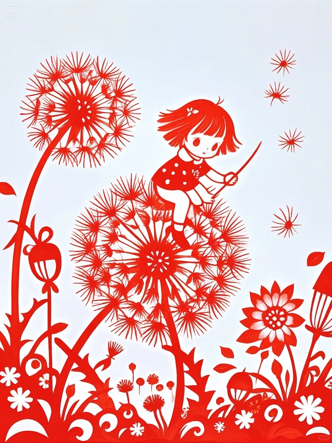 No.0211 小女孩与蒲公英剪纸