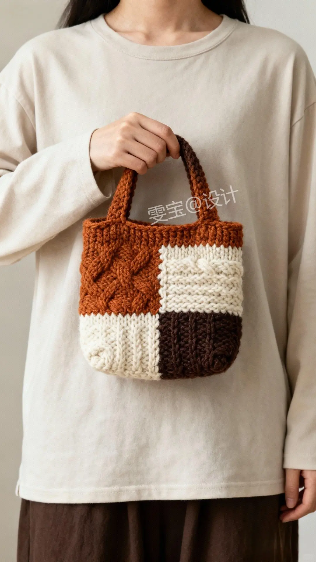 棕白咖拼色立体编织手提包