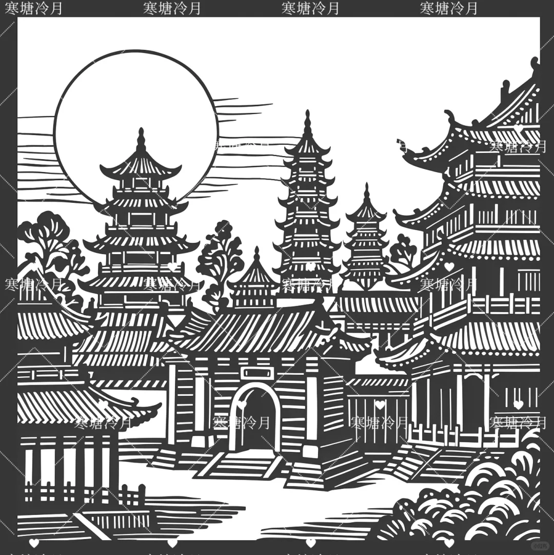 中国风建筑03剪纸底稿分享