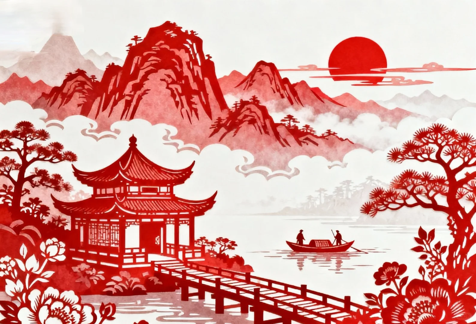剪纸，风景，山水，亭楼，非遗剪纸