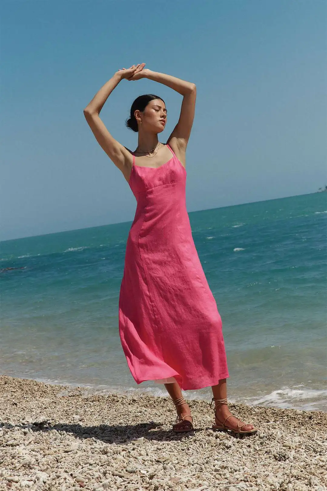 全新KOOKAI 100%麻 玫红色吊带连衣裙