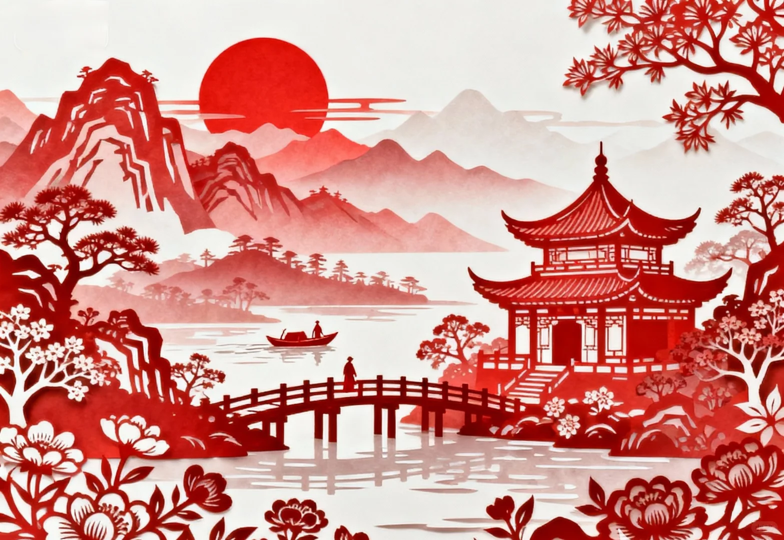 剪纸，风景，山水，亭楼，非遗剪纸