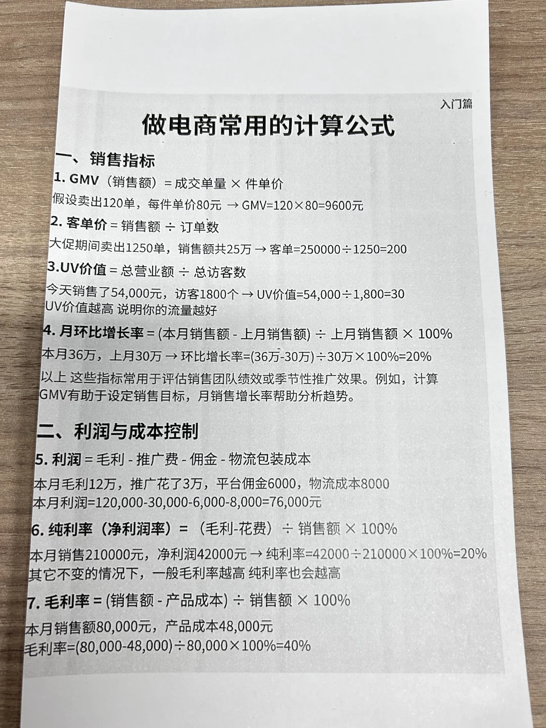 做电商常用的计算公式